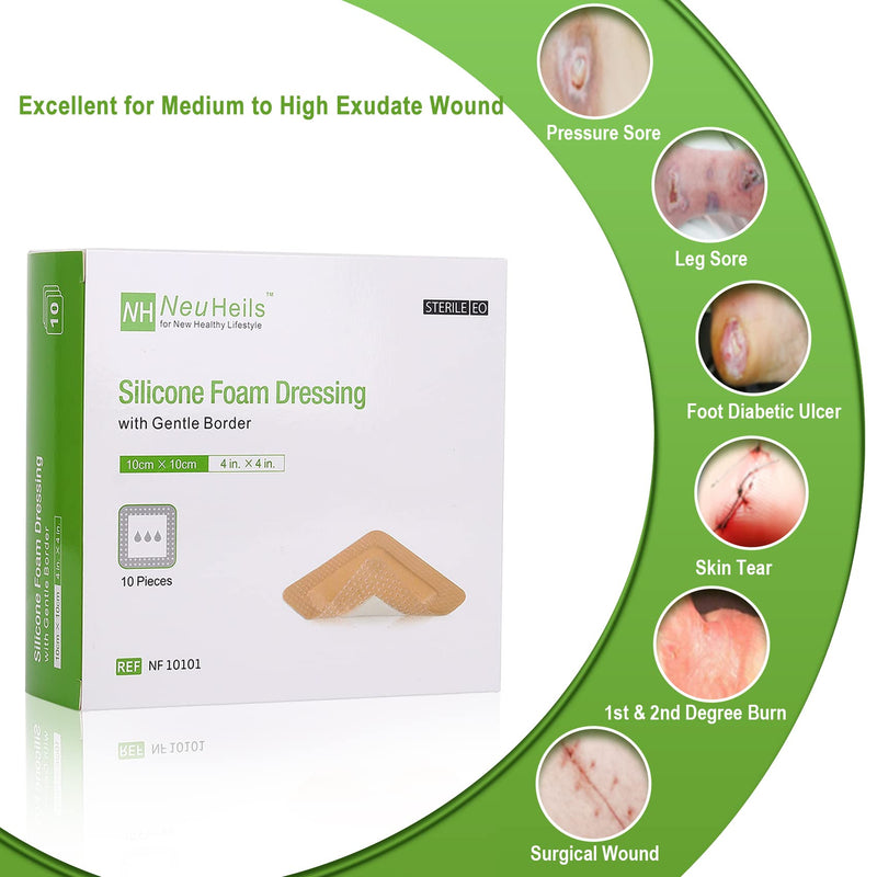 [Australia - AusPower] - Silicone Adhesive Foam Dressing with Gentle Border 4''x4'' for Bed Sore Leg Ulcer 10 Pack, High Absorbency Waterproof Silicone Wound Bandage for Foot Diabetic Ulcer 4x4 Inch (Pack of 10) 
