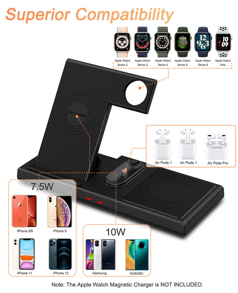 [Australia - AusPower] - Sendowtek Wireless Charger Station - 4 in 1 Charging Station for Phone Earbuds 10W Max Phone Dock Charging Station Compatible with iPhone 13 12 SE 11 X Xr 8 Plus Watch SE 6 5 4 3 2 (No Watch Charger) 