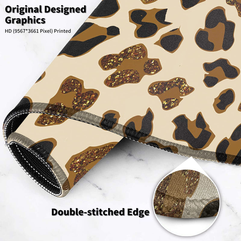 [Australia - AusPower] - Leopard Glitter Mouse Pad Large with Coaster, 35.4"x15.7" Full Desk Mousepad Stitched Edges Non Slip Base Desk Pad Extended Large Gaming XXL Mouse Pad for Desk Office Home XXL-35.4"x15.7"x0.12" Leopard Glitter 