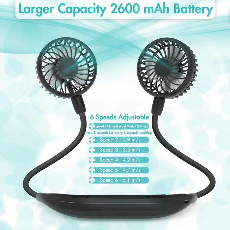 [Australia - AusPower] - Portable Neck Fan, 2600mAh Battery Operated Ultra Quiet Hands Free USB Fan with Strong Wind, 360° Adjustable High Flexibility Wearable Personal Fan for Home Office Outdoor Travel (Dark Blue) Black 