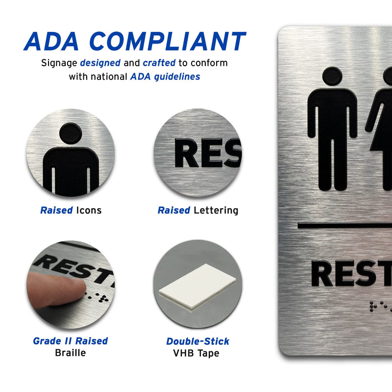 [Australia - AusPower] - Unisex/Wheelchair Bathroom Sign by GDS - ADA Compliant, Wheelchair Accessible, Raised Icons, & Grade 2 Braille - Includes Adhesive Strips for Easy Installation - Modern Restroom Signs for Offices, Businesses, & Restaurants - 6" W x 8" H (Brushed Alumin... 