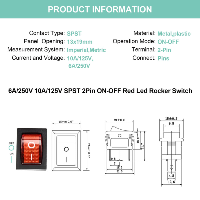[Australia - AusPower] - QTEATAK KCD1 On/Off 3-Pin 2-Position Snap 10A/125V, 6A/250V Red LED Boat Rocker Switch-5Pack Red-pin 