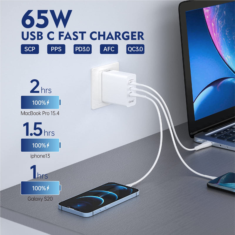 [Australia - AusPower] - USB C Charger, Cirtek 65W USB C Wall Charger Power Adapter Fast Charging Block 3 Ports Foldable Plug for iPhone 12/13 Pro Max/12/13Min,MacBook Air/Pro/iPad,Galaxy S20/S10/Note 10+/10 White Without Cable 