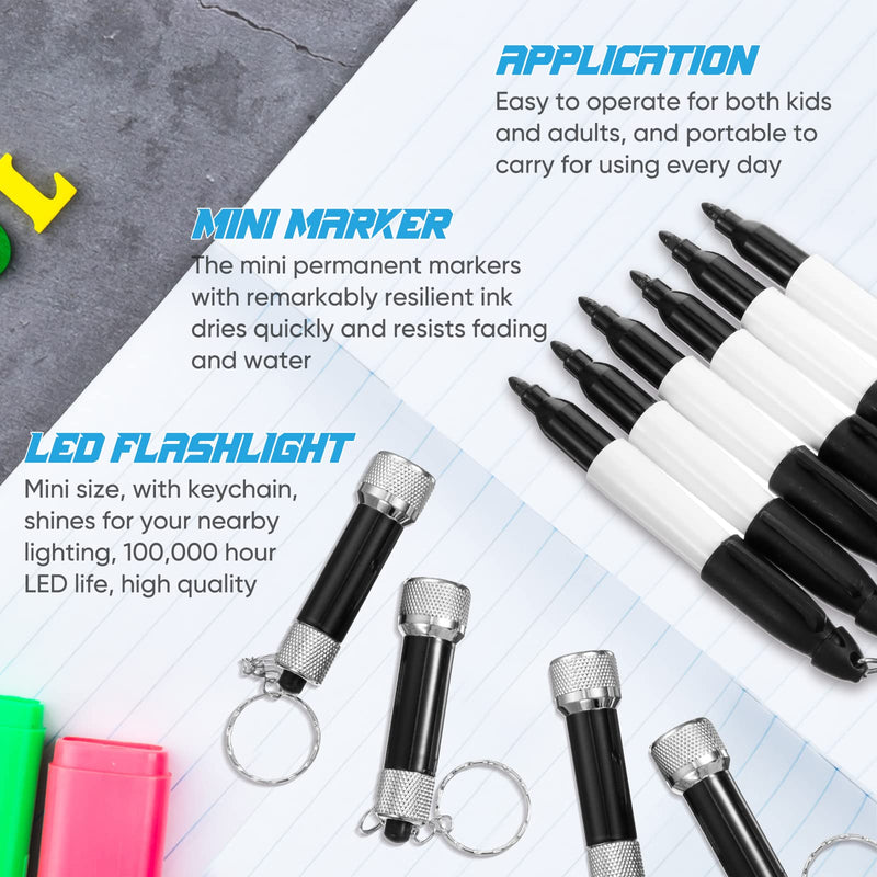 [Australia - AusPower] - 12 Pcs Set of Mini Flashlight Keychain Permanent Marker Keychain with 6 Pcs LED Mini Flashlight 6 Pcs Keychain Marker with Clip Black Pen Light Keychain for Nurses Office School 