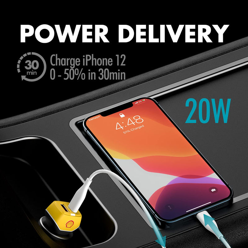 [Australia - AusPower] - Shell Dual USB C Car Charger - Mini Quick USB Power Adapter, 38W 2-Port, 20W PD USB C + 18W QC USB A Fast Charging for iPhone 12/Pro/Max/Mini/Magnet Snap, iPad Air/Mini, Android, and More 