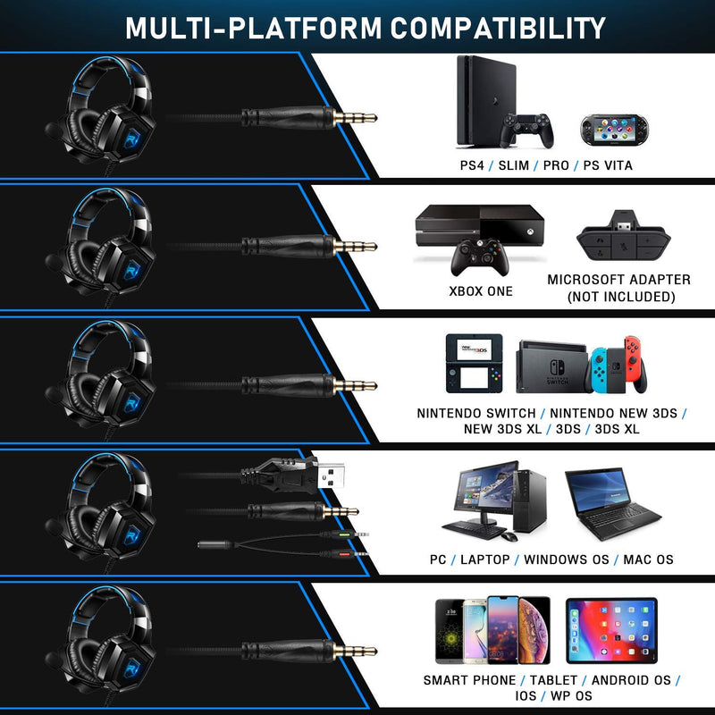 [Australia - AusPower] - GIZORI Xbox Headset, Gaming Headset Surround Sound, Headphones with Mic & LED Light, Compatible with PS5, PS4, Xbox Series X/S, Sega Dreamcast, PC, PS2, Laptop (Blue), (K8) Blue 