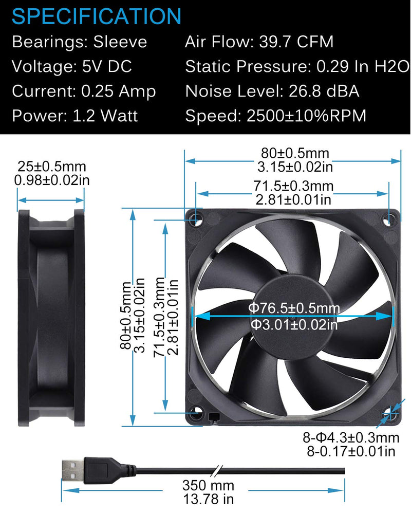 [Australia - AusPower] - GDSTIME Dual 80mm USB Fan 80mm x 25mm 5V for Receiver DVR Playstation Xbox Computer Cabinet Cooling 80x80x25mm 