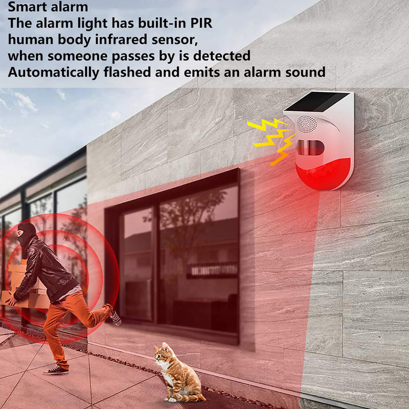 [Australia - AusPower] - Solar Strobe Light with Remote Controller, Solar Alarm Light with Motion Detector 130db Sound Security Siren 24 Hours+Night Mode+7 Modes IP65 Waterproof for Home, Farm, Barn, Villa, Yard 