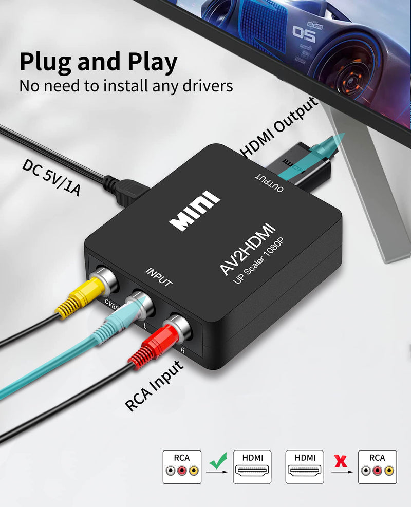 [Australia - AusPower] - Chodwe RCA to HDMI Converter, RCA to HDMI Adapter, 1080P Mini RCA Composite CVBS AV to HDMI Video Audio Converter Adapter Support PAL/NTSC for N64 Wii PS2 PS3 Xbox VHS VCR Camera DVD - Black 