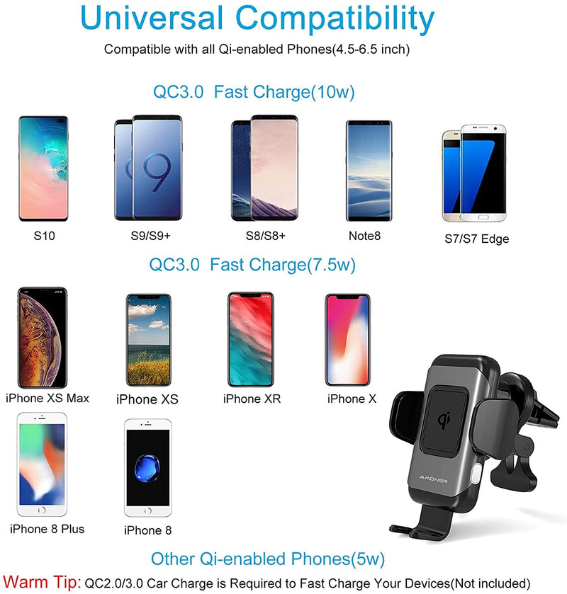 [Australia - AusPower] - Wireless Car Charger Mount, Car Phone Holder Auto-Clamping Qi 10W/7.5W Fast Charging Car Phone Mount Dash Air Vent Compatible with iPhone Series 13/12/11/Pro/Max/X/8, Samsung S20/S10/S10+/S9/S9+/Note black 