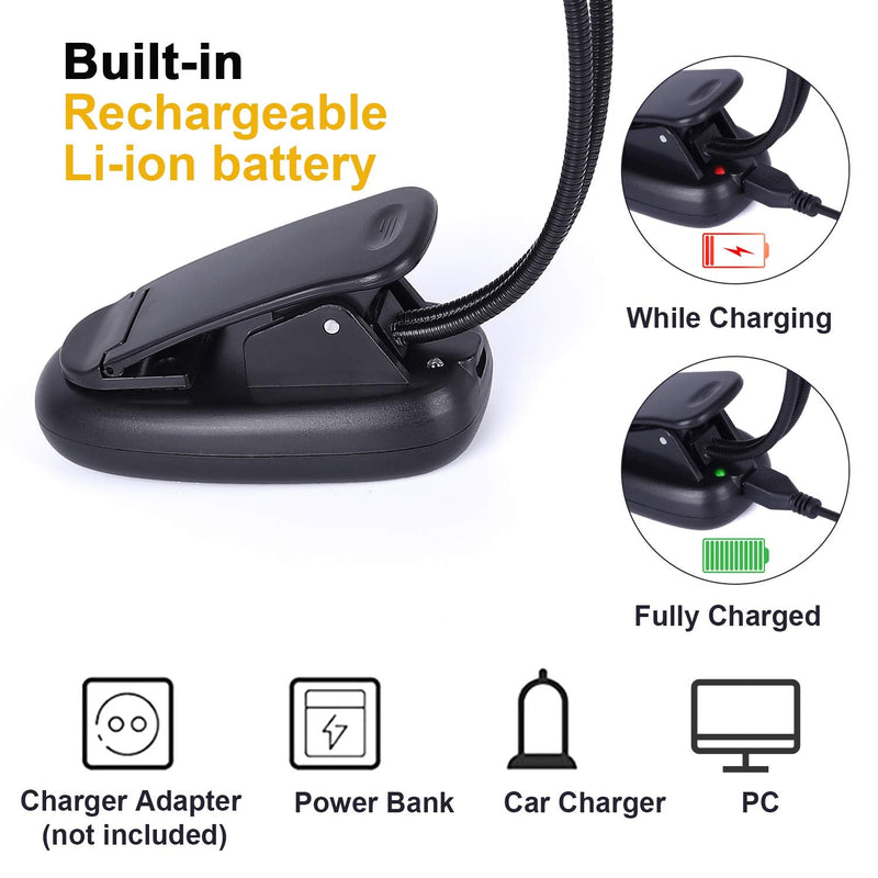 [Australia - AusPower] - Rechargeable Music Stand Light, iGoober Clip on Reading Light, 8 LED Book Lamp, 3-Level Brightness for Eye Protection, Perfect for Piano, Orchestra, Bookworms, Craft (White & Warm, Dual Arm) 