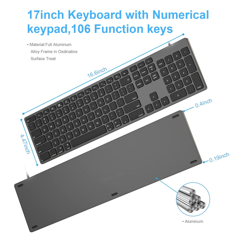 [Australia - AusPower] - Aluminum USB Wired Keyboard with Numeric Keypad for Mac Pro, Mini Mac, iMac, iMac Pro, MacBook Pro/Air, Laptop and PC Computer Black 