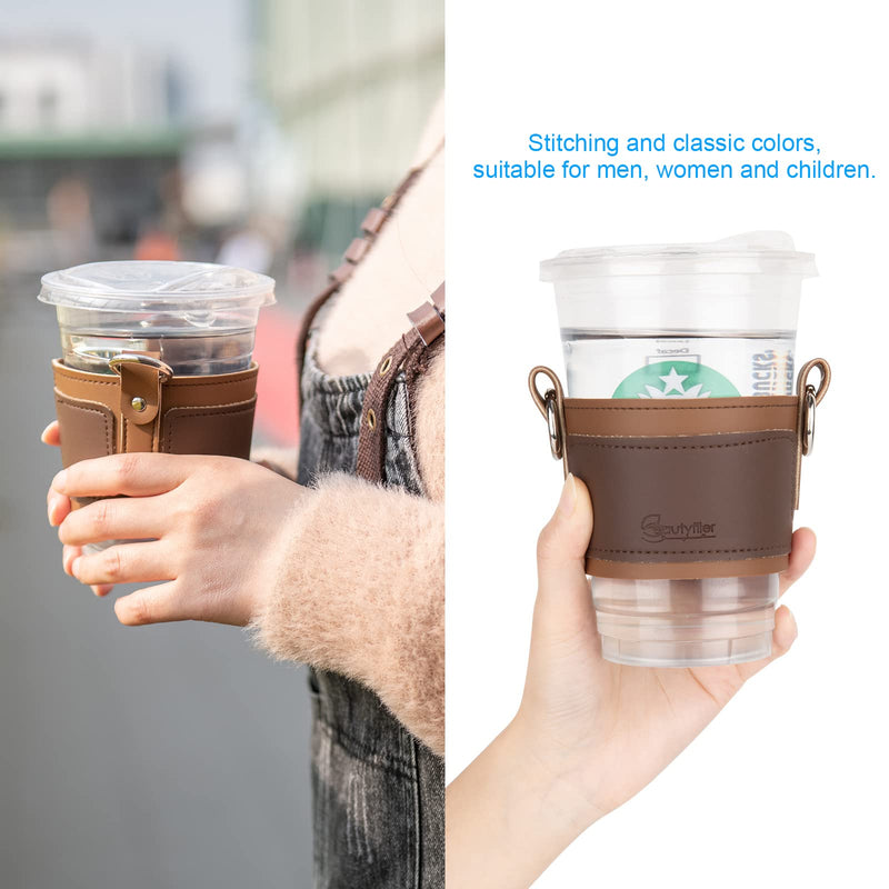 [Australia - AusPower] - Beautyflier Reusable Takeout Coffee Carrier, Iced Coffee Insulator Sleeves to Go Cold Cup and Hot Cup, Drink Carrier for Coffee Cup Delivery, with Adjustable Strap (Brown) Brown 