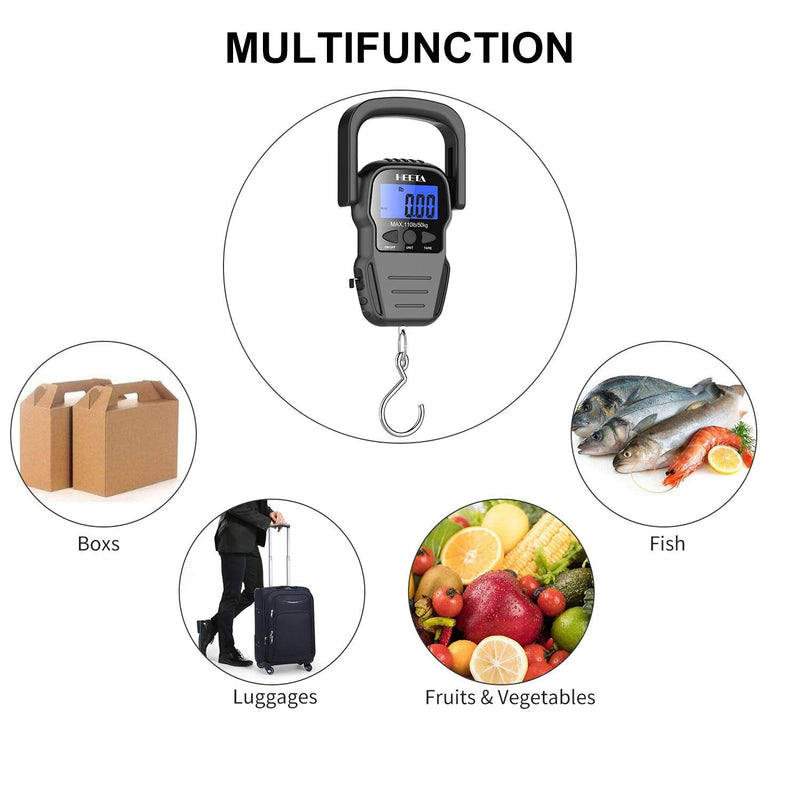 [Australia - AusPower] - HEETA Fish Scale with Backlit LCD Display, Digital Portable Hanging Scale Luggage Scale with Measuring Tape for Home and Outdoor, 2 AAA Batteries Included Black 