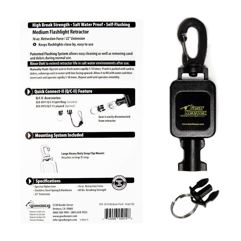 [Australia - AusPower] - Hammerhead Industries Gear Keeper Medium SCUBAFlashlight Retractor RT4-5914 Large Heavy-Duty Swiveling Snap Clip Mount with Q/C-II Split Ring Accessory 