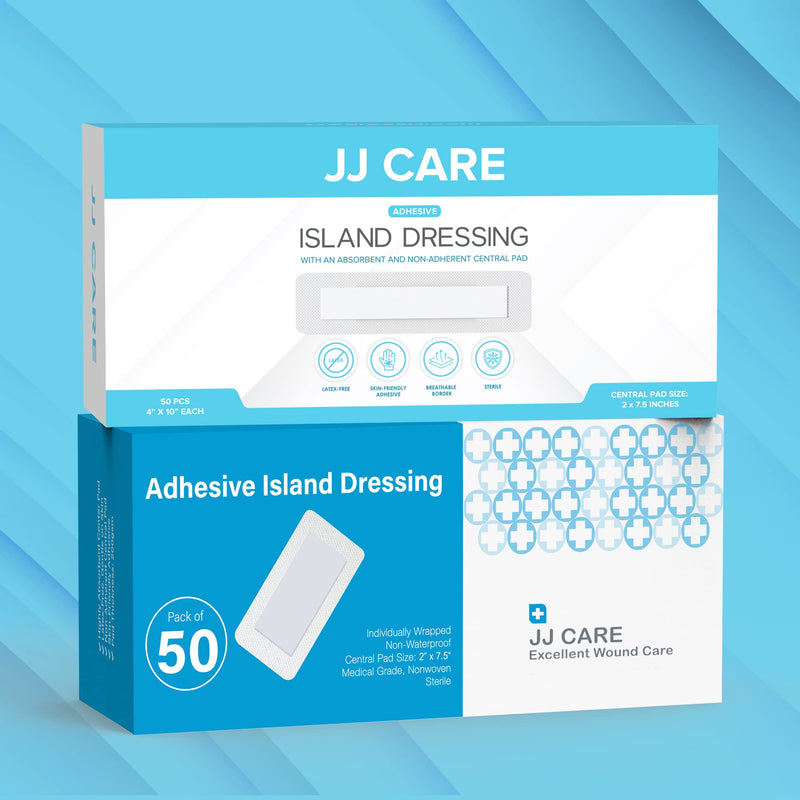 [Australia - AusPower] - JJ CARE Adhesive Island Dressing [Pack of 25], 4x10 Sterile Bordered Gauze, Latex-Free Wound Dressing, Non-stick Center Pad, Breathable and Highly Absorbent 25 Count (Pack of 1) 