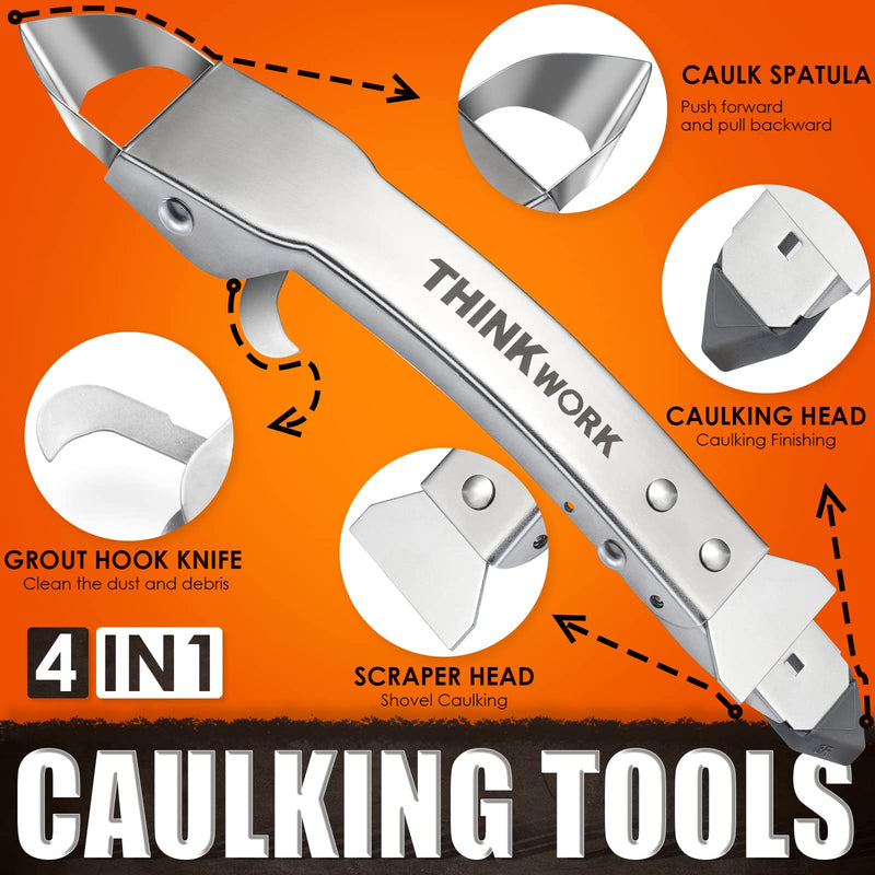 [Australia - AusPower] - THINKWORK Stainless Steel Caulking Tools, 4 in 1 Sealant Finishing Tool, Grout Removal Tool, Silicone Caulking Tool Caulk Remover for Kitchen Bathroom Window Sink Tile Joint Silver 