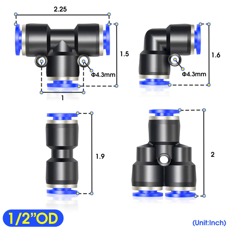 [Australia - AusPower] - TAILONZ PNEUMATIC 1/2 Inch od Push to Connect Fittings Pneumatic Fittings kit 5 Spliters+5 Elbows+5 tee+5 Straight (20 pcs) 1/2"OD Blue 20 