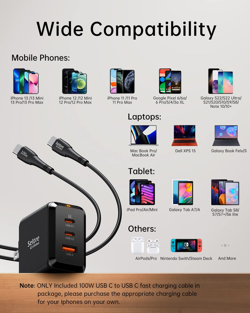 [Australia - AusPower] - USB C Charger Block, SELORE 67W Fast Charging Adapter PPS, 3-Port GaN Charger Foldable Compact Wall Charger with USB-C Cable for MacBook Pro/Air, iPad Pro, Galaxy S23/S22, iPhone 14, Dell XPS, Laptop Black 