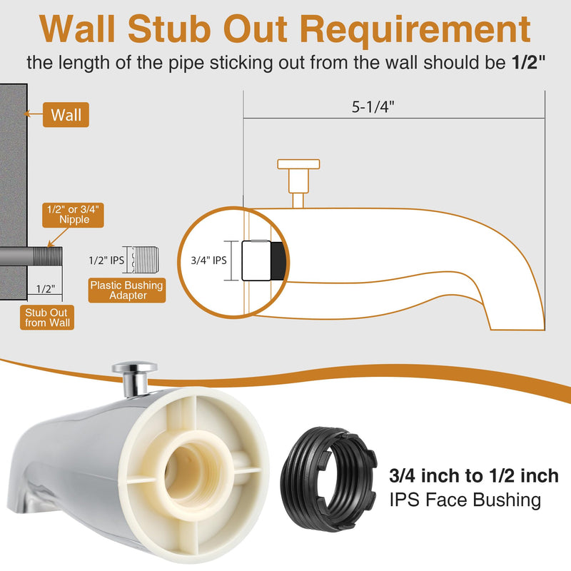 [Australia - AusPower] - Enhon Tub Spout with Rear Diverter, Bathtub Spout Fitting 1/2-Inch or 3/4-Inch IPS, 5-1/4 Inch Length Bathroom Bathtub Faucet with Adapter, Chrome Finish 