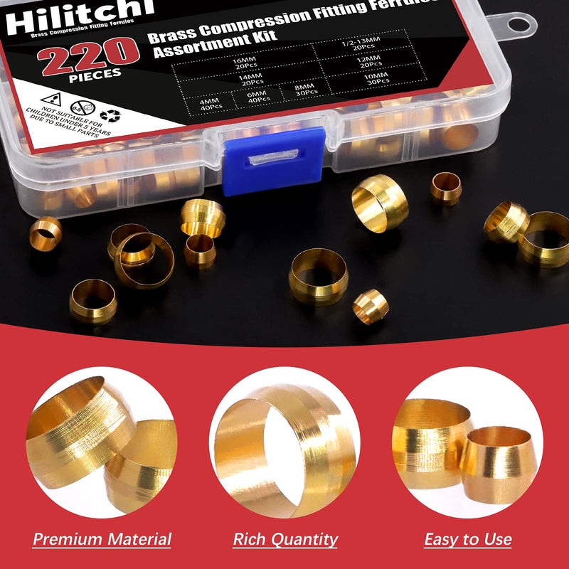 [Australia - AusPower] - Hilitchi 8Sizes Tube OD 4mm-16mm Brass Compression Sleeves Ferrules Compression Fitting Kit (Metric, 220Pcs) Metric 220 Assortment kit 