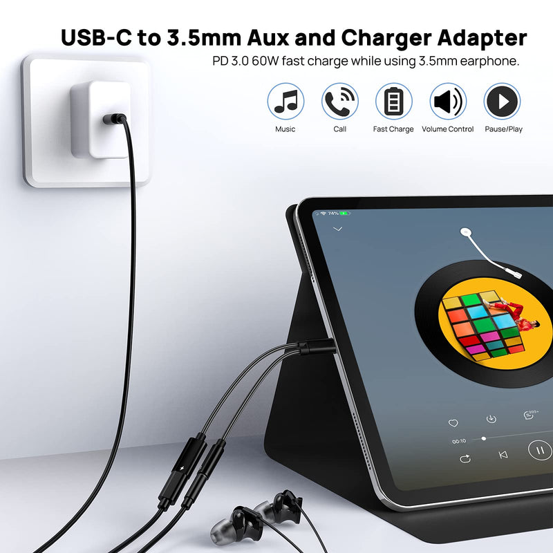 [Australia - AusPower] - USB C Headphone Jack Adapter and Charger, 2 in 1 USB C to 3.5mm Audio Adapter with PD 3.0 Fast Charge Port, Type C to Aux Dongle Cable for Samsung S21/S20+ Note 20, Google Pixel 5/4XL, Pad Pro 2020 Black 