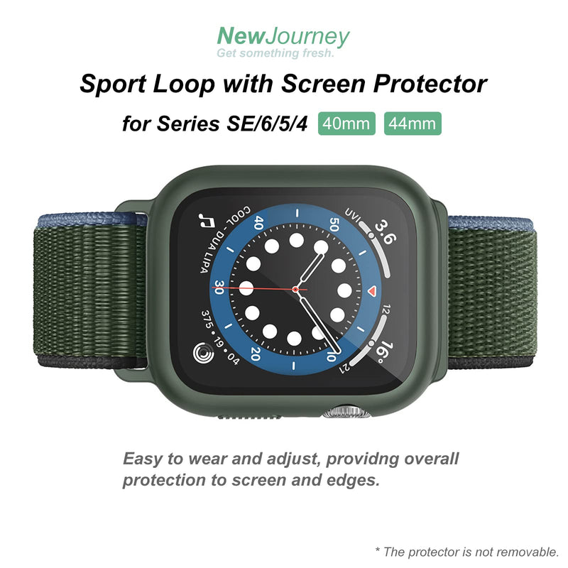 [Australia - AusPower] - NewJourney for Apple Watch Sport Loop Band with Case, Women Men Kids Nylon Stretchy Braided Breathable Wristband Replacement, Sport Loop iWatch Band with Screen Protector for Series 4 5 6 SE 40mm 44mm Olive Green 40 