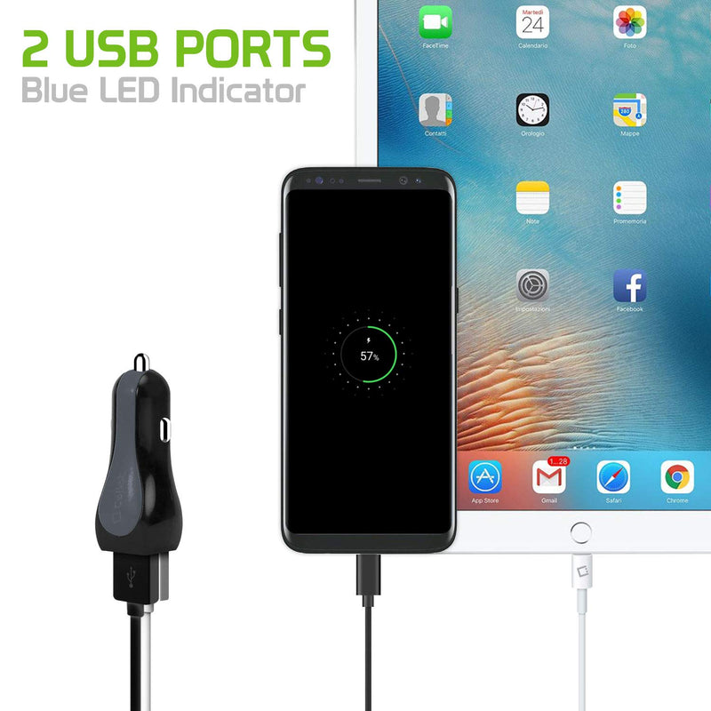 [Australia - AusPower] - Cellet High Powered 3Amp, Fast Charging 15 Watt, Dual USB Port Car Charger with 4ft Long Type-C Cable Compatible for Google Pixel 4 4XL 3 3a 3XL 3aXL 2 2XL Samsung Galaxy A50 A20 A10e S10e S10 S10+ S9 