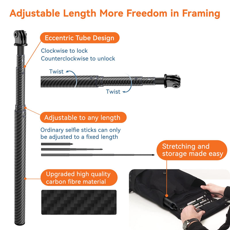 [Australia - AusPower] - TELESIN Selfie Stick Long with Tripod for GoPro Max Insta360 (120cm/47.2 inch), Carbon Fiber Selfie Pole Telescoping Extension for Go Pro Hero 10 9 8 7 6 5 One R One X2 Go 2 DJI Action 2 Osmo Pocket 2 