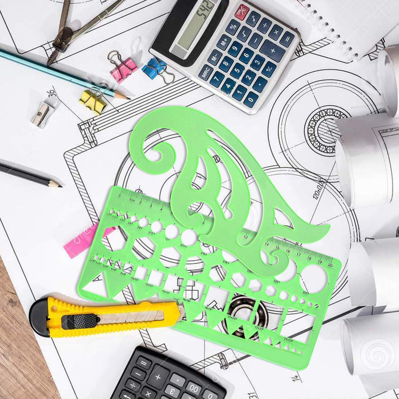 [Australia - AusPower] - SIQUK 11 Pieces Geometric Drawings Templates Plastic Clear Green Plastic Rulers with 1 Pack Poly Zipper Envelopes for Studying, Designing and Building 