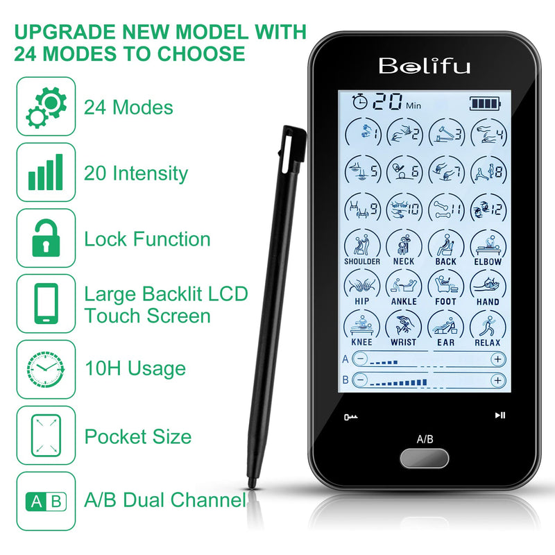 [Australia - AusPower] - Belifu Dual Channel Tens Unit Electro Muscle Stimulator, Fully Isolated with Independent 24 Modes, Rechargeable Pulse Massager with Electrodes Pads for Neck Back Arms Chronic Pain Relief Body Building 