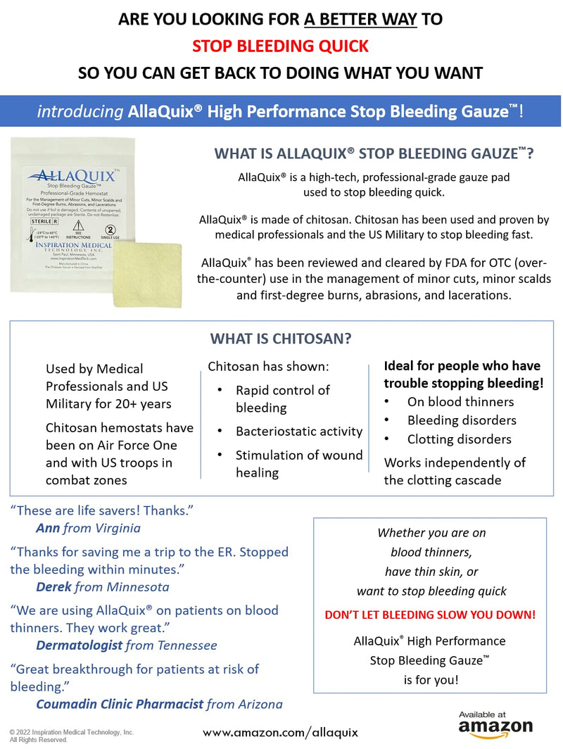[Australia - AusPower] - AllaQuix High Performance Stop Bleeding Gauze - Large (2"x2"Square) - (10-Pack) Professional-Grade First-Aid Hemostatic Gauze (Blood Clotting Bandage) 
