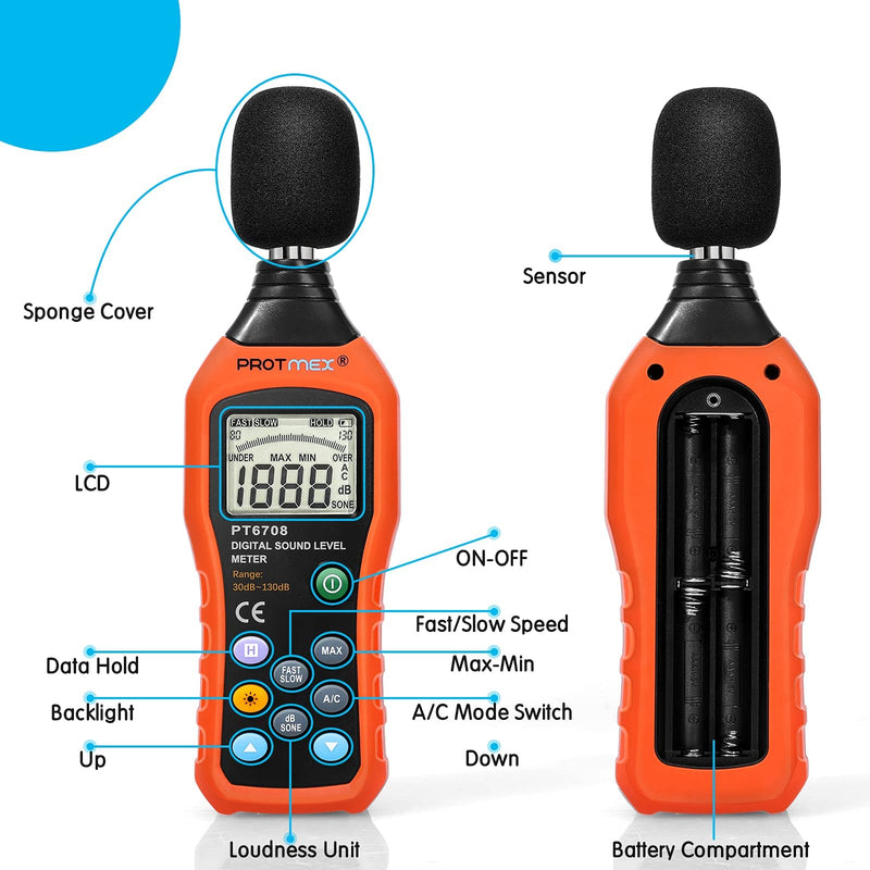 [Australia - AusPower] - Protmex Sound Level Meter, Dual Mode db Meter Decibel Meter Noise Level Meter 30-130dB Measure with Fast/Slow Selection, Backlight, Max and Data Hold Function, A/C Mode PT6708(Batteries Included) 