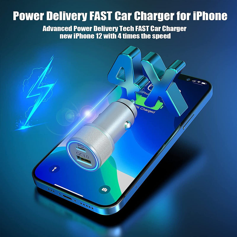 [Australia - AusPower] - iPhone Car Charger Apple MFi Certified,Belcompany 38W All Metal USB C Car Charger Fast USB Car Charger Adapter with 2Pack Lightning Cable PD&QC 3.0 Dual Port Car Quick Charging for iPhone/iPad/Airpods Silver 