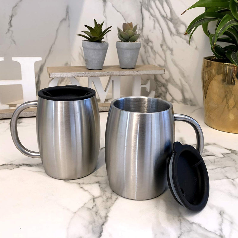 [Australia - AusPower] - Stainless Steel Insulated Coffee Mugs Set of 2 (14oz) – Double Wall Coffee Cups With Spill Resistant Lid & Strong Handle – Shatterproof Cups for Cold Drinks & Hot Beverages - for Indoor & Outdoor Use Stainless Steel 14 oz (pack of 2) 
