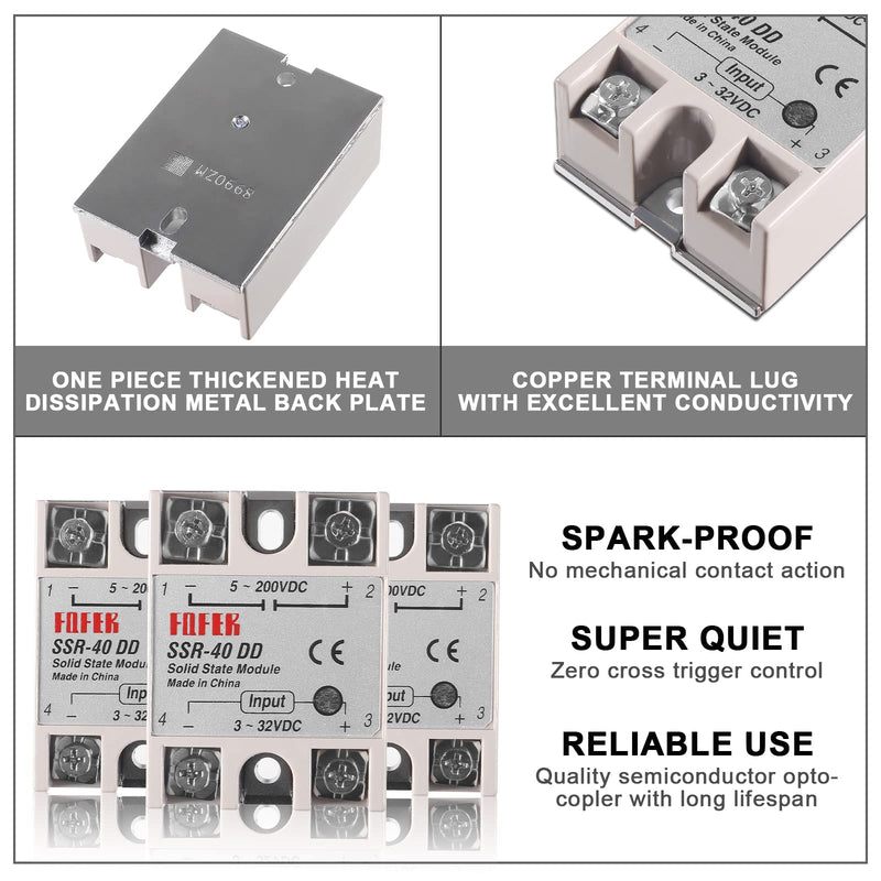 [Australia - AusPower] - Alinan 2pcs SSR-40DD Solid State Relay DC to DC Input 3-32V DC Output 5-60V DC Single Phase Semi-Conductor Relay 2 