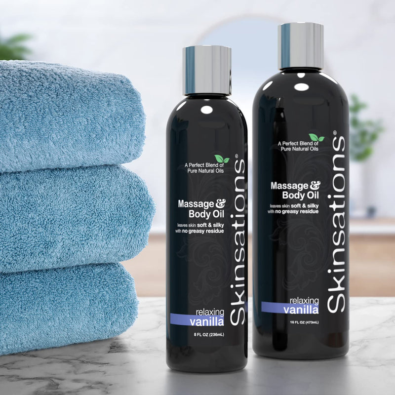 [Australia - AusPower] - Skinsations - Massage & Body Oil - Vanilla 8oz | Soothing Blend of Edible Sweet Almond, Fractionated Coconut, Grape Seed & Jojoba Oils with an Enticing Vanilla Scent 8 Fl Oz (Pack of 1) 