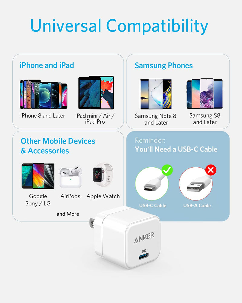 [Australia - AusPower] - USB C Charger, Anker 2-Pack 20W Fast Charger with Foldable Plug, PowerPort III 20W Cube Charger for iPhone 13/13 Mini/13 Pro/13 Pro Max/12, Galaxy, Pixel 4/3, iPad/iPad Mini, and More 