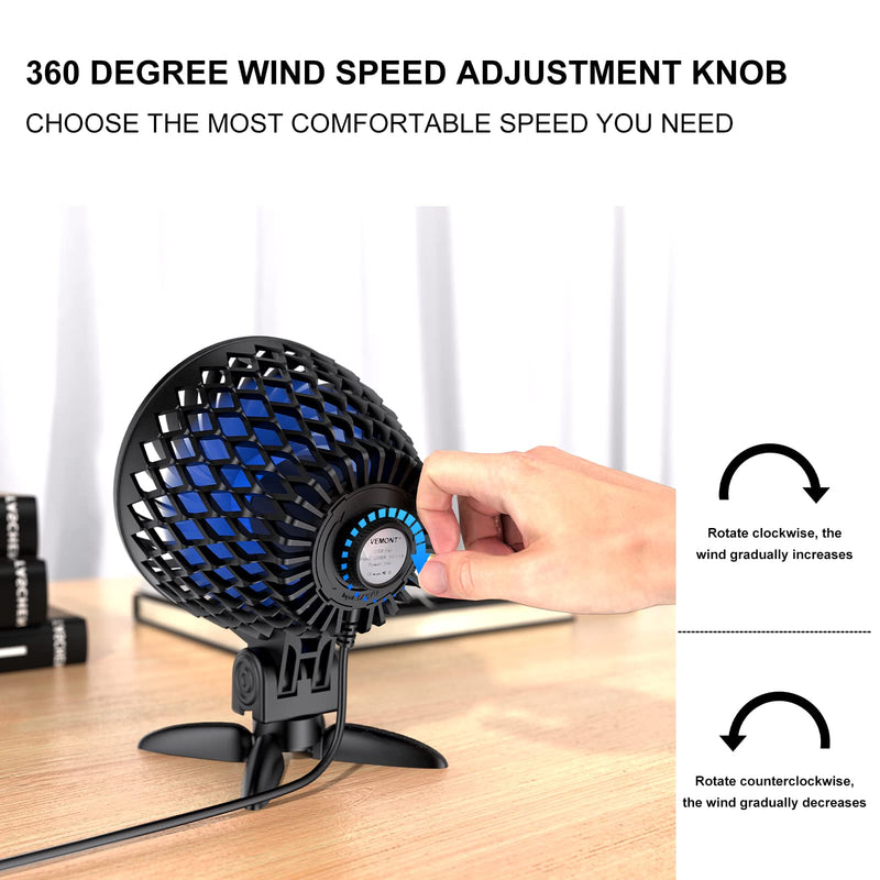 [Australia - AusPower] - USB Desk Fan, VEMONT Powerful Mini USB Fan, Stepless Speed USB Fan, Portable Table Cooling Fan Silent Personal USB Fan with USB-Powered for Home, Outdoor Travel, Office -Black Black 