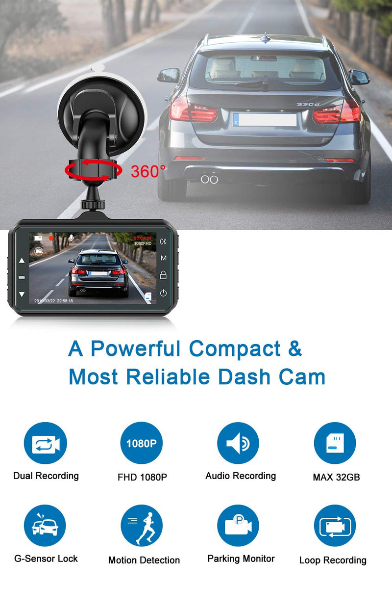 [Australia - AusPower] - Dash Cam Front and Rear CHORTAU Dual Dash Cam 3 inch Dashboard Camera Full HD 170° Wide Angle Backup Camera with Night Vision WDR G-Sensor Parking Monitor Loop Recording Motion Detection 