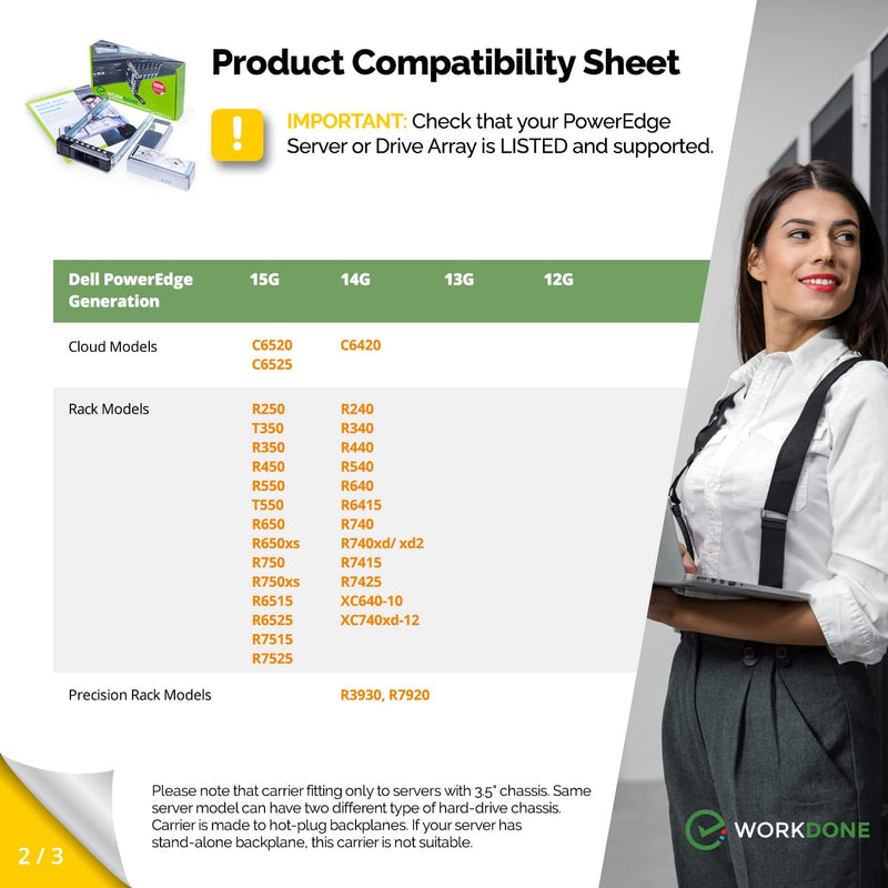 [Australia - AusPower] - WorkDone 3.5 inch Drive Caddy with 2.5 inch HDD Adapter - Compatible for Dell PowerEdge Servers - R740 R640 R540 R440 R340 R550 R450 R650xs R750xs - Bright LED Tray - with Detailed Setup Manual 