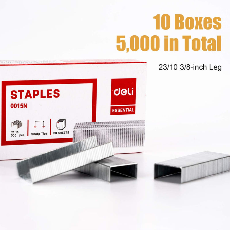 [Australia - AusPower] - Deli 5,000 Staples, Fits Deli 60 Sheet Capacity Stapler, 3/8" Leg Length Staples of 70 Sheet Capacity, 23/10, Jam Free Sharp Chisel Point Design, 10 Boxes of 500 Staples 23/10-Large 