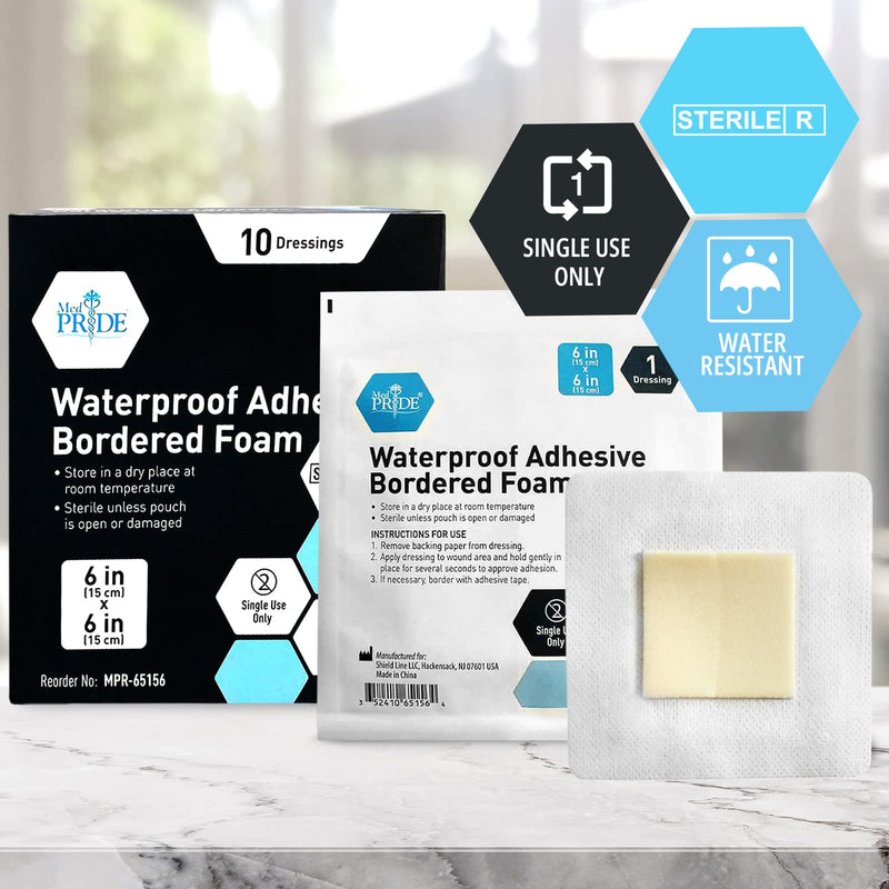 [Australia - AusPower] - Medpride 6'' X 6'' Foam Wound Dressing (10-Count) Sterile, Waterproof Silicone Adhesive Border | Home or Emergency Healing Support | Partial or Shallow Drainage Coverage | Gentle 6X6 Inch (Pack of 10) 