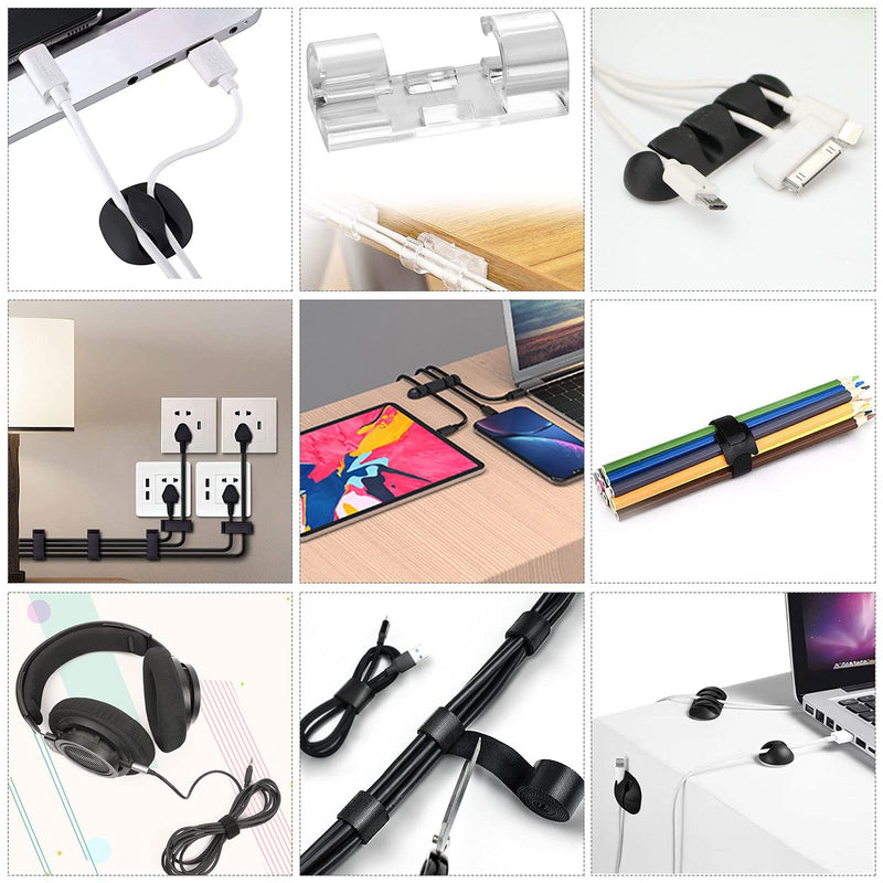 [Australia - AusPower] - Cord Management Organizer Kit 4 Cable Sleeve Split with 41Self Adhesive Cable Clips Holder, 10pcs and 2 Roll Self Adhesive tie and 100 Fastening Cable Ties for TV Office Car Desk Home Nightstand 