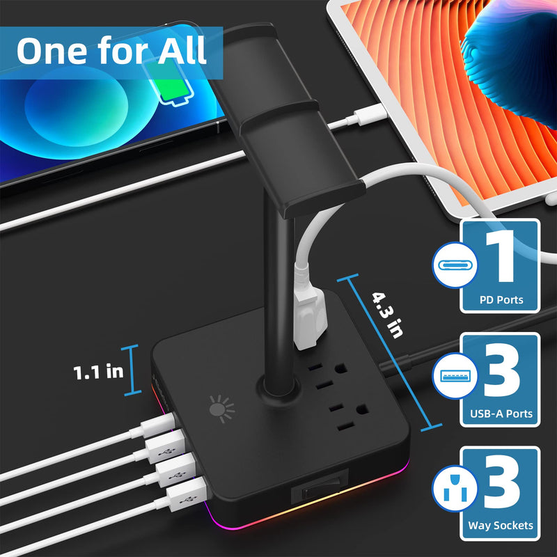 [Australia - AusPower] - Headphone Stand and Power Strip 2-in-1 ， 3 USB Charging Ports and 1 Type-C Charging Port, 3 Power Outlets, RGB Lighting, Headphone Hanger Accessories for Desktop Gamers 