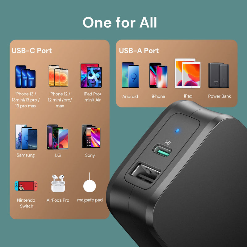 [Australia - AusPower] - USB C Wall Charger 30W 2-Port Compact for iPhone 13 Charger Block with 18W Type C Power Delivery Foldable Power Adapter PD Compatible with iPhone 13 Pro Max Mini 12 iPad Pro AirPods Pro Galaxy Pixel No cable 