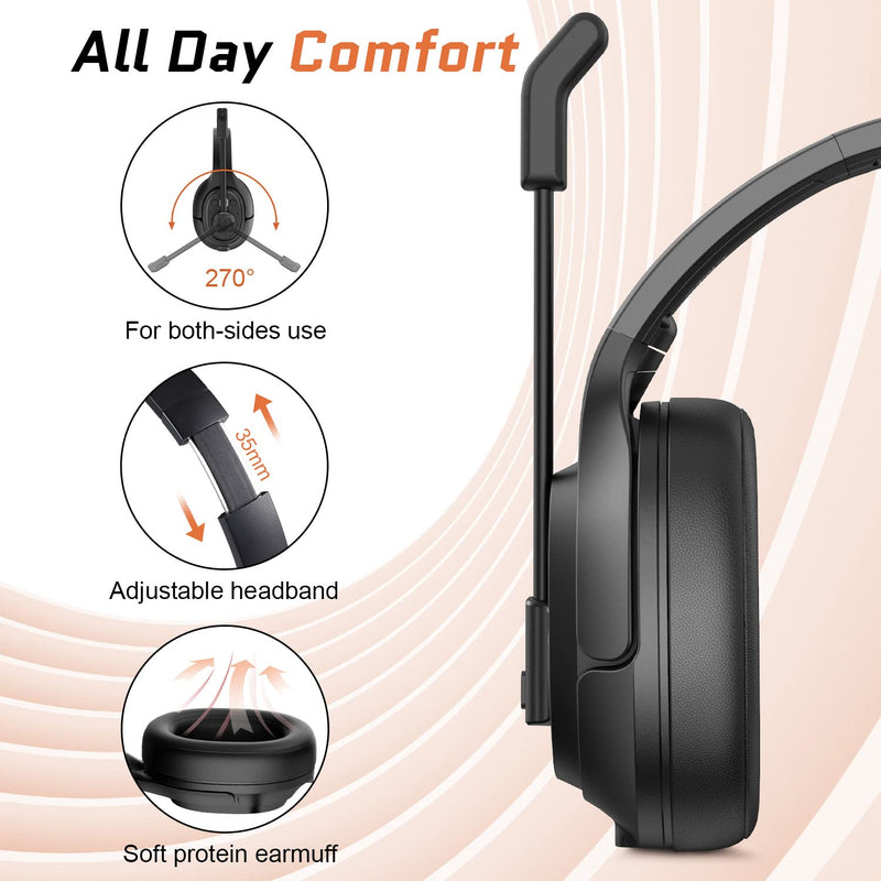 [Australia - AusPower] - EKSA Noise Canceling Trucker Bluetooth Headset with Microphone Wireless Over Ear Headphones, 99ft Long Wireless Range, Up to 30 Hours of Talk Time, All-Day Comfort Trucker Headset with Mute Button 
