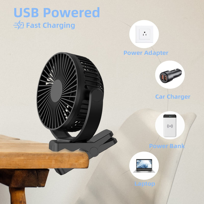 [Australia - AusPower] - ATEngeus USB Desk Fan, 5000mAh Rechargeable Portable Fan, 5 Inch Clip-on Fan, 3 speed strong airflow, Dual 360° Rotation, with USB data cable, Suitable for home, office and stroller. (black) TF-28B-5'' 