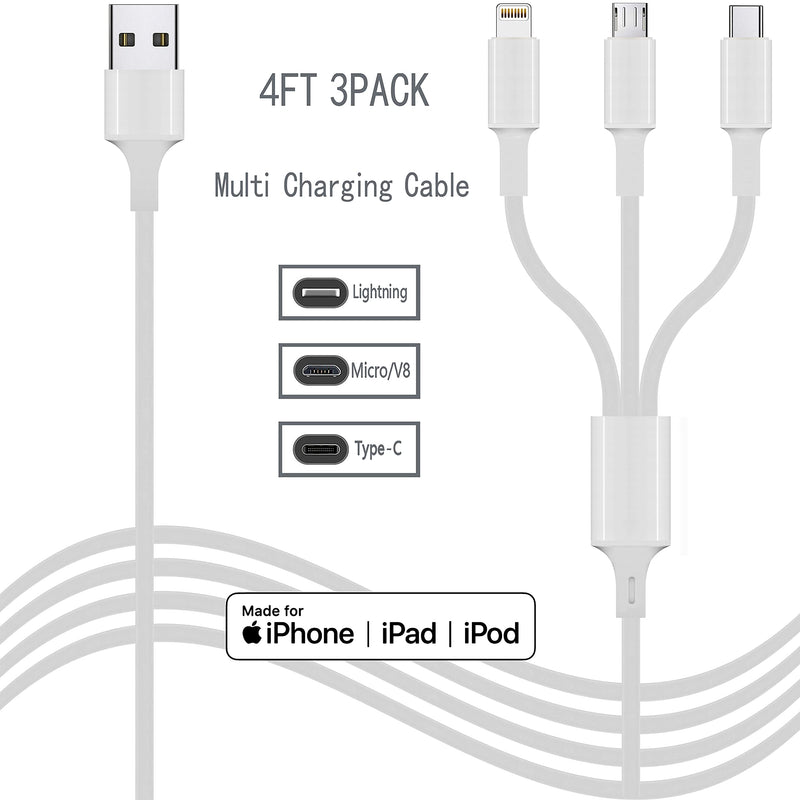 [Australia - AusPower] - Multiple Charger Cable, 3Pack 4FT Multi Charging Cable Rapid Cord USB Charging Cable 3 in 1 Multi Phone Charger Cord with Type C/Micro/Lightning USB Connectors for Cell Phones and More Gray 