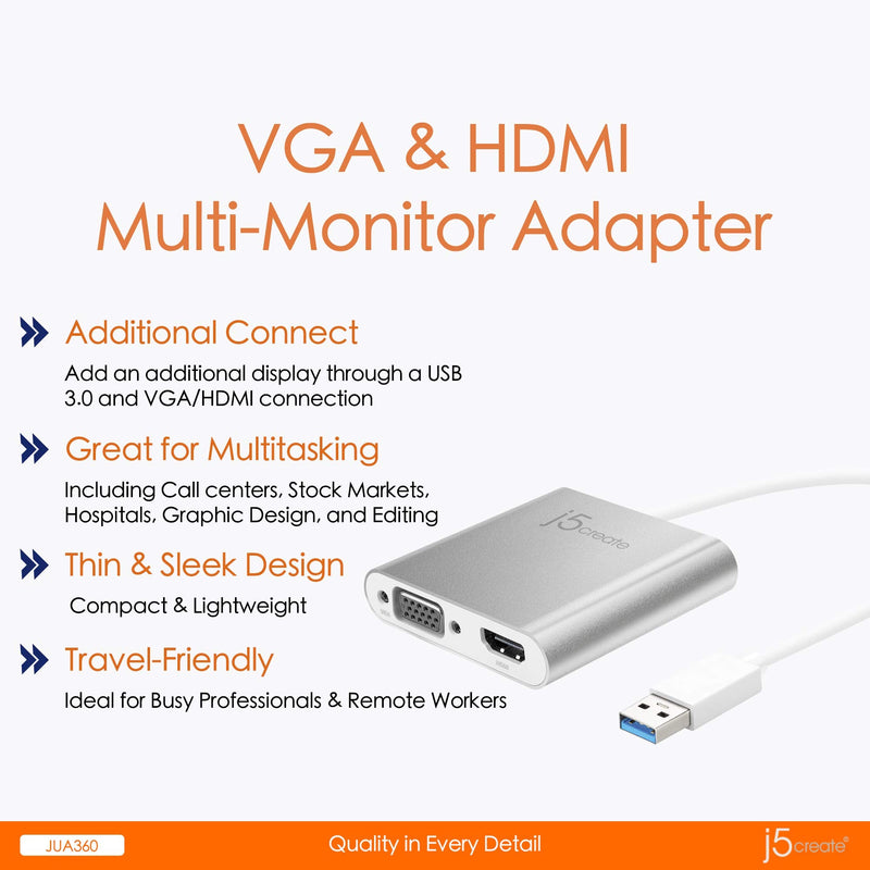 [Australia - AusPower] - j5create USB 3.0 to Dual VGA HDMI Multi-Monitor Adapter- Compatible with Microsoft Windows 10/8.1/8 / 7 (32-bit or 64-bit) Mac OS X v10.8 or Later (with USB Type-A 3.0 Port) 